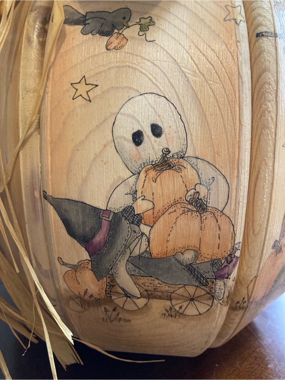 Vintage Hand Painted Wooden Fall Pumpkin Centerpiece With Ghost & Scarecrow Art - Picture 10 of 15